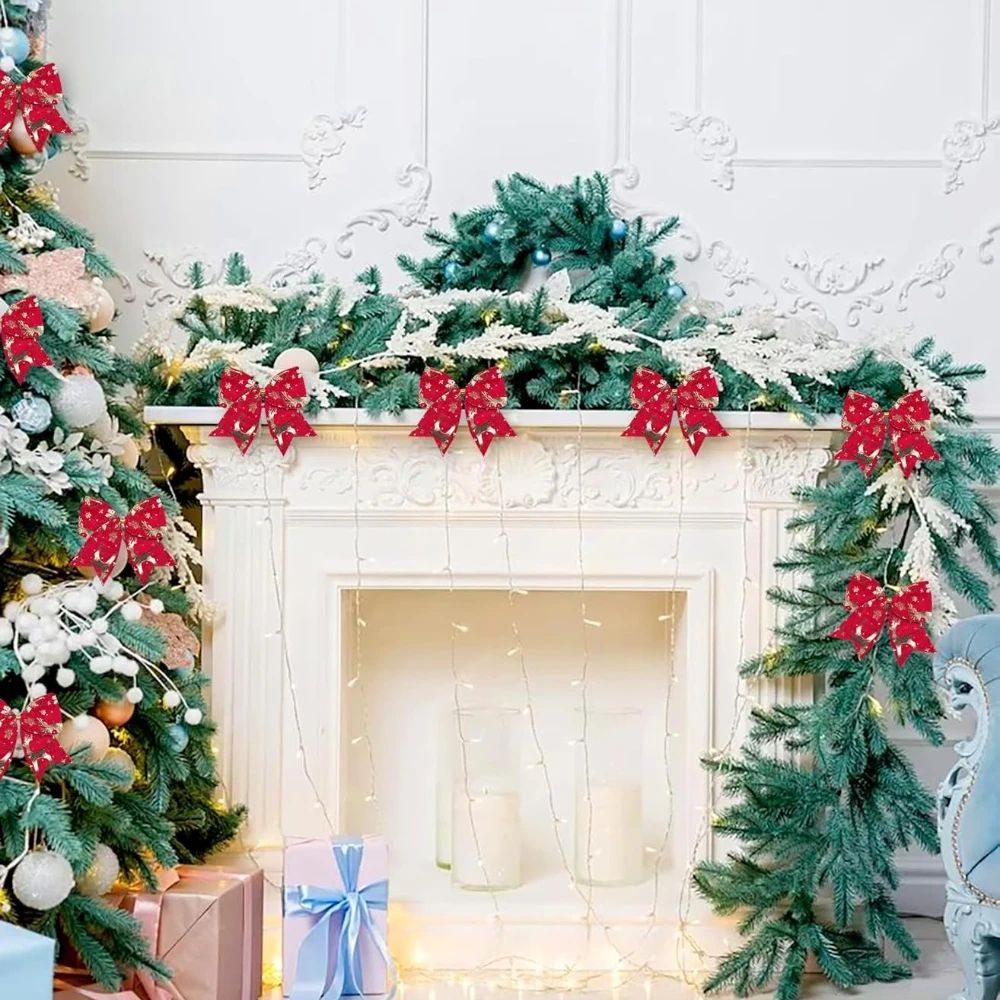 Red Velvet Christmas Wreath Bows 10pcs Holiday Tree Garland Decorative Bows For Festive Home Deco