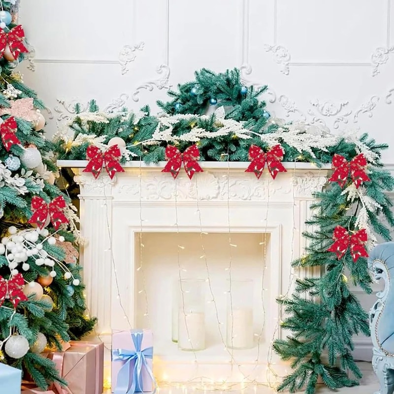Red Velvet Christmas Wreath Bows 10pcs Holiday Tree Garland Decorative Bows For Festive Home Deco