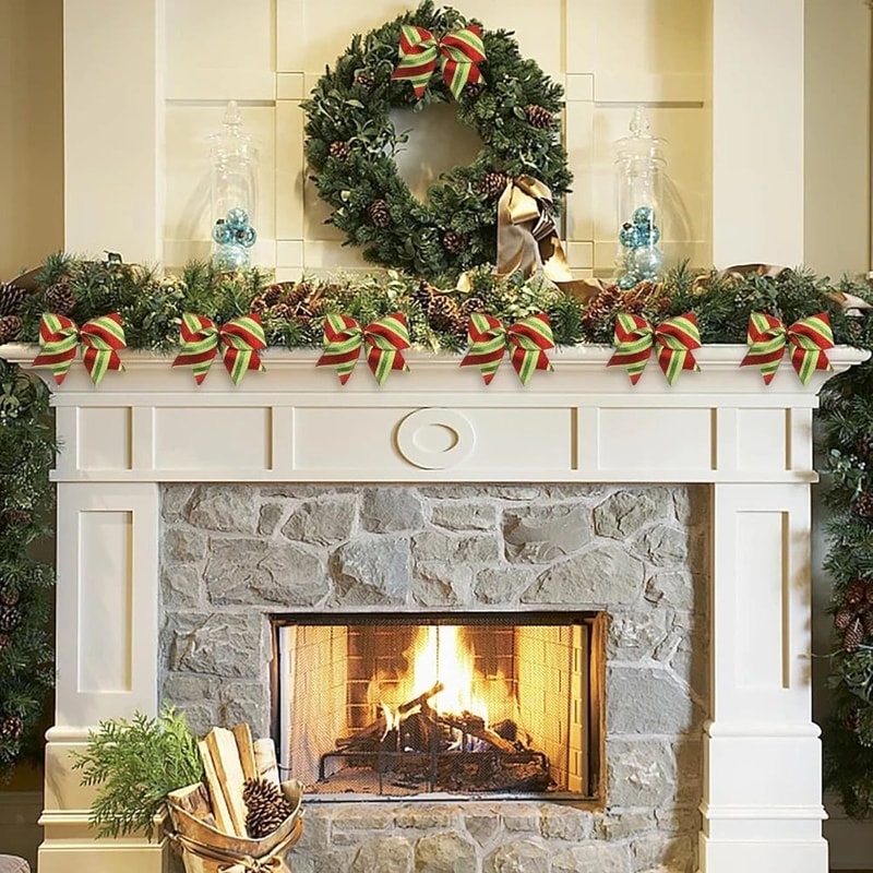 Glitter Red Green Stripe Christmas Burlap Bows 10PCS Festive Wreath Tree Decoration Bows 1