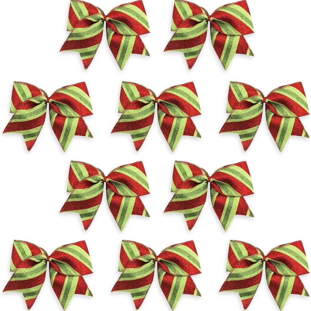 Glitter Red Green Stripe Christmas Burlap Bows 10PCS Festive Wreath Tree Decoration Bows 0