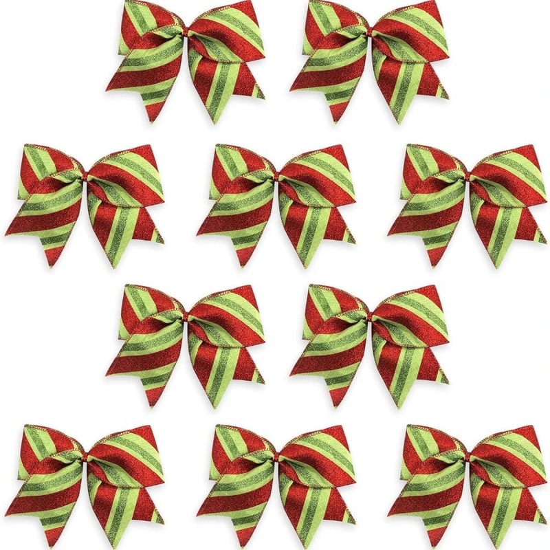 Glitter Red Green Stripe Christmas Burlap Bows 10PCS Festive Wreath Tree Decoration Bows 0
