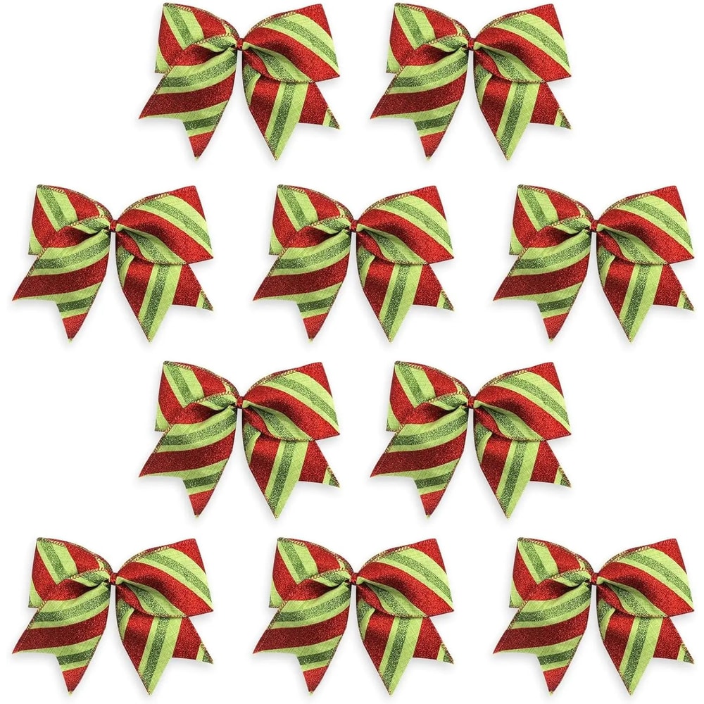 Glitter Red Green Stripe Christmas Burlap Bows 10PCS Festive Wreath Tree Decoration Bows 5