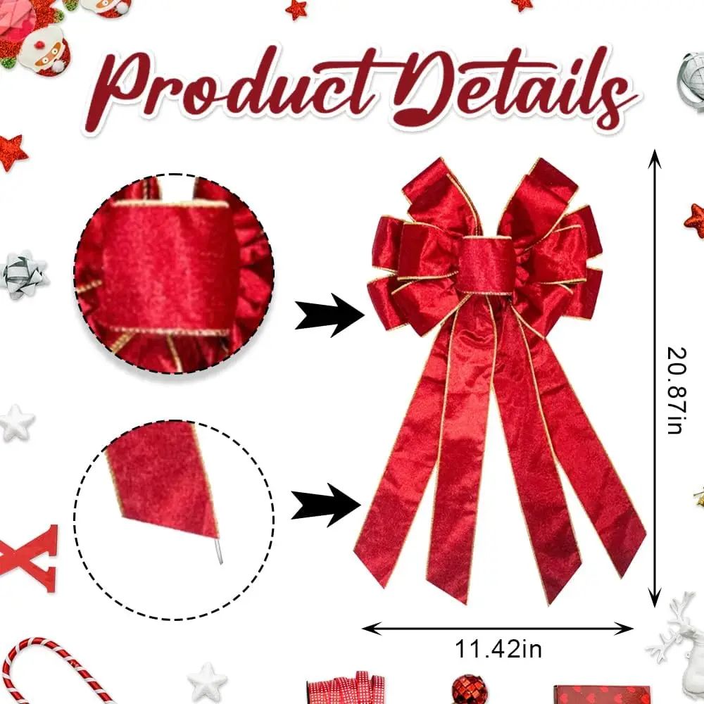Large Red Velvet Burlap Christmas Wreath Bows 2 Pcs Holiday Tree Topper Front Door Decoration Bow 3