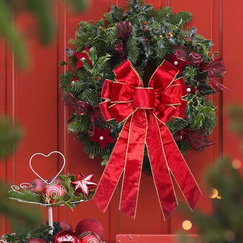 Large Red Velvet Burlap Christmas Wreath Bows 2 Pcs Holiday Tree Topper Front Door Decoration Bow 0