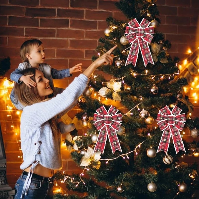 Vintage Buffalo Plaid Christmas Wreath Bows 2 Pcs Red Snowflake Holiday Tree Door Decoration Bows 1