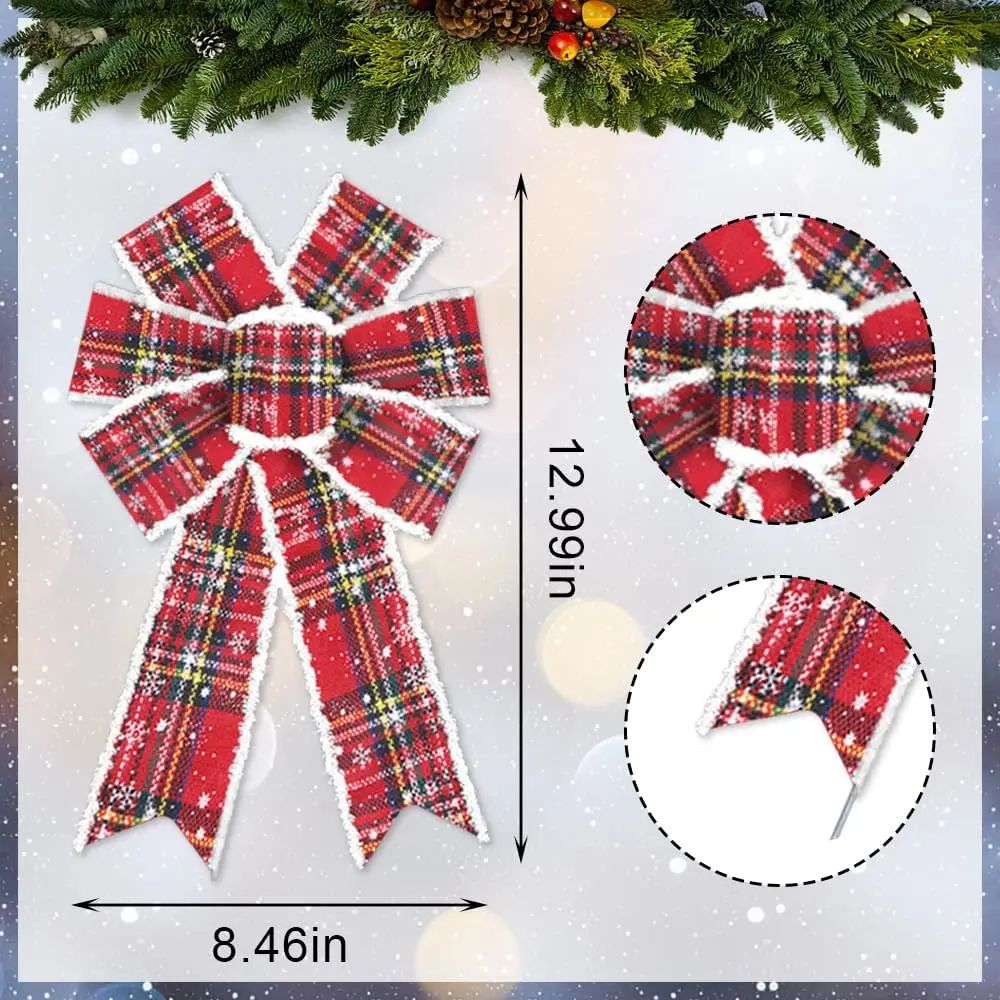 Vintage Buffalo Plaid Christmas Wreath Bows 2 Pcs Red Snowflake Holiday Tree Door Decoration Bows 4