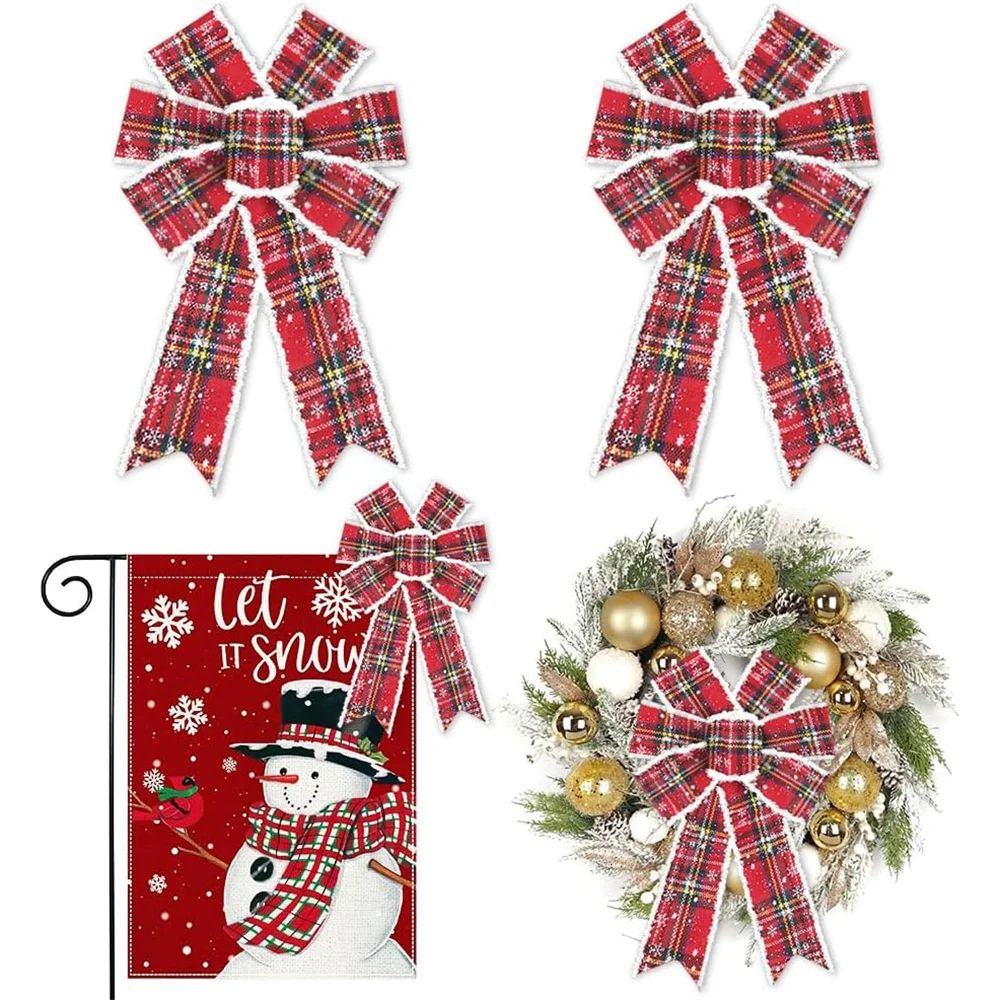 Vintage Buffalo Plaid Christmas Wreath Bows 2 Pcs Red Snowflake Holiday Tree Door Decoration Bows 0