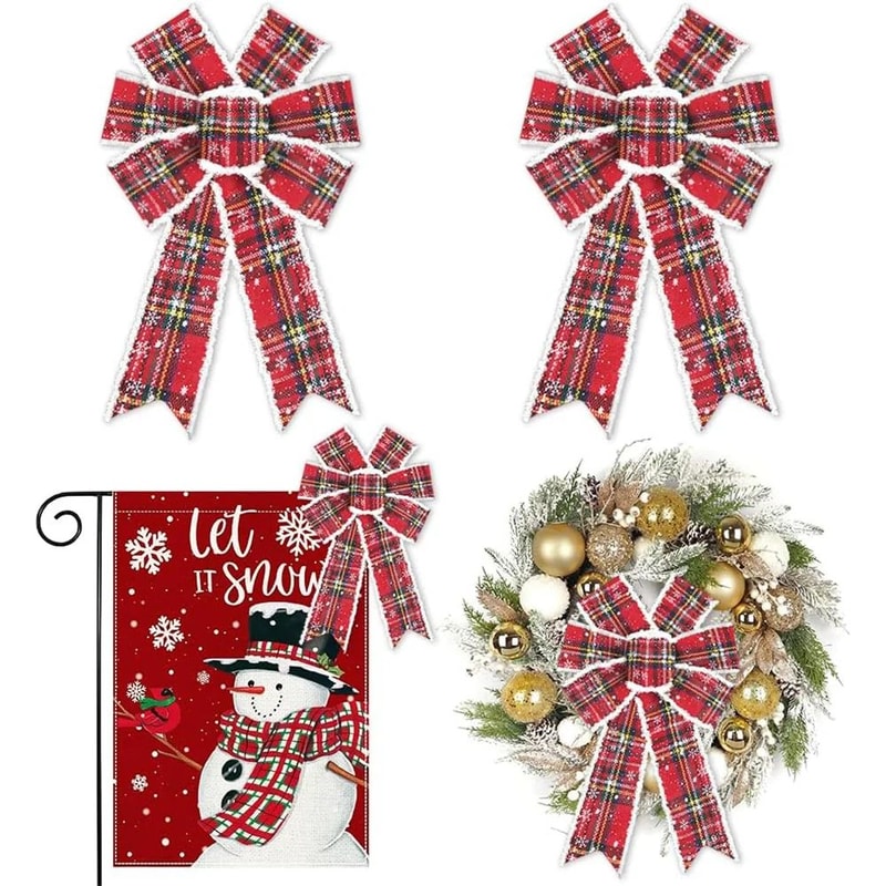 Vintage Buffalo Plaid Christmas Wreath Bows 2 Pcs Red Snowflake Holiday Tree Door Decoration Bows 0