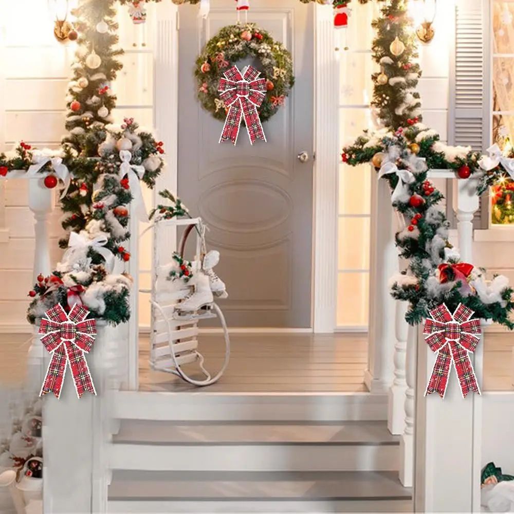 Vintage Buffalo Plaid Christmas Wreath Bows 2 Pcs Red Snowflake Holiday Tree Door Decoration Bows 3