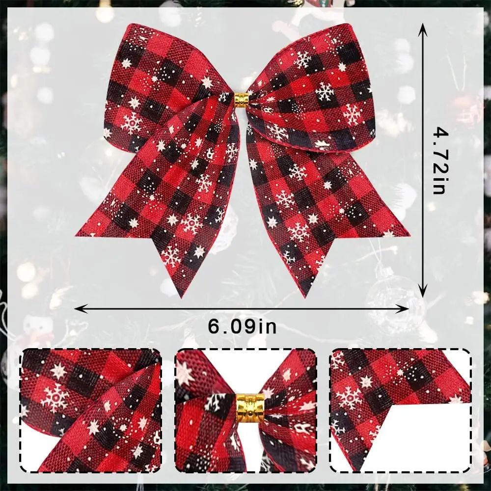 Red Black Buffalo Plaid Christmas Wreath Bows 10 Pcs Snowflake Burlap Tree Door Decoration Bows 4