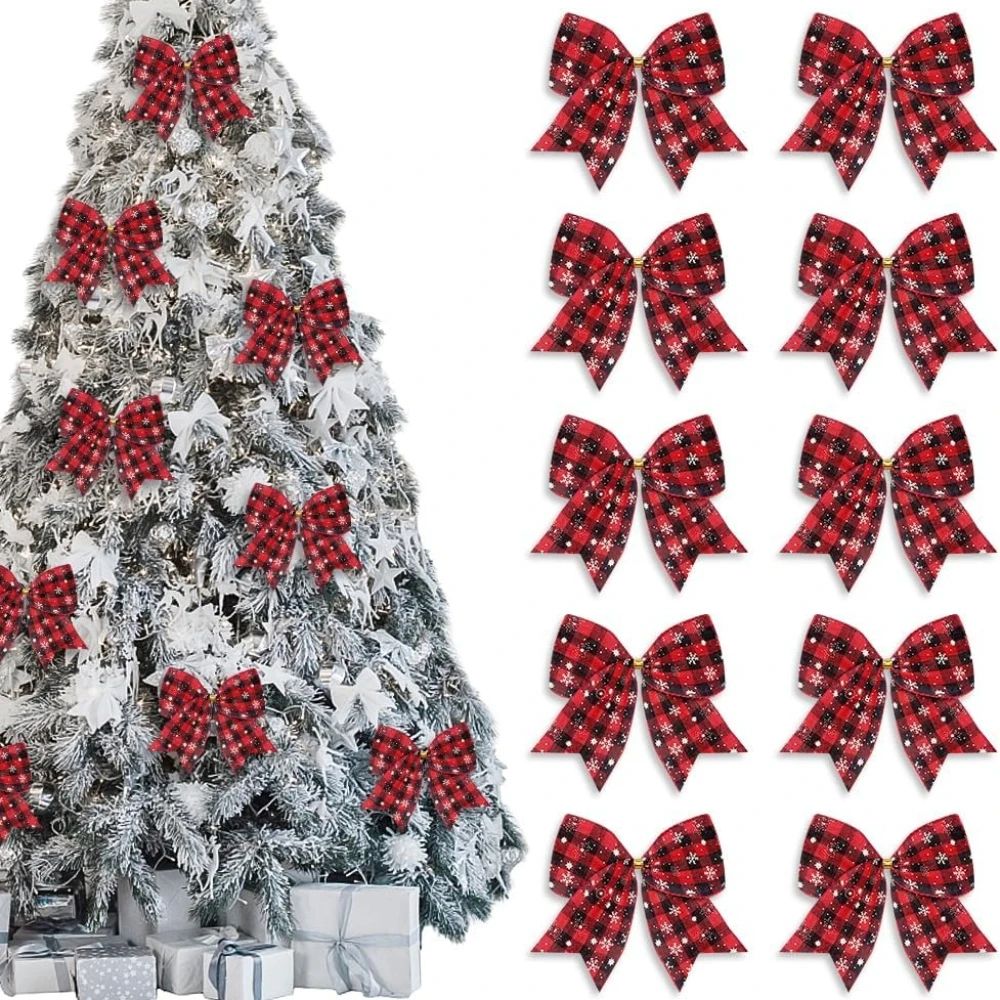 Red Black Buffalo Plaid Christmas Wreath Bows 10 Pcs Snowflake Burlap Tree Door Decoration Bows 0