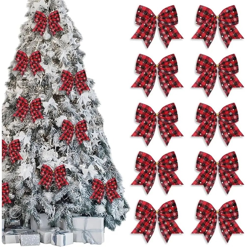 Red Black Buffalo Plaid Christmas Wreath Bows 10 Pcs Snowflake Burlap Tree Door Decoration Bows 5