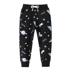 jumping meters kids space print sweatpants – cotton drawstring harem pants for boys (2t–7t)