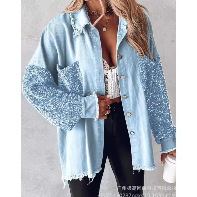 Sequin Colorblock Shacket Jacket Womens Contrast ButtonUp Raw Hem High Street Coat 1