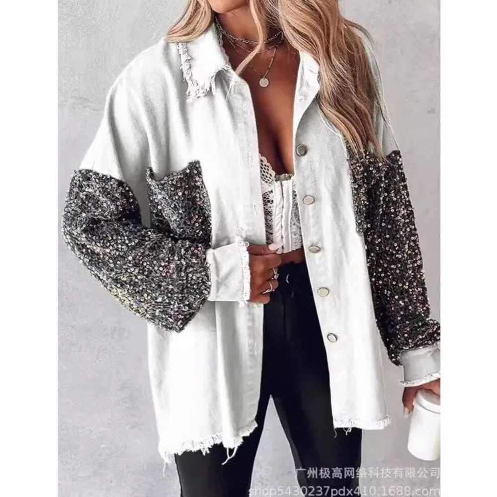 Sequin Colorblock Shacket Jacket Womens Contrast ButtonUp Raw Hem High Street Coat 2
