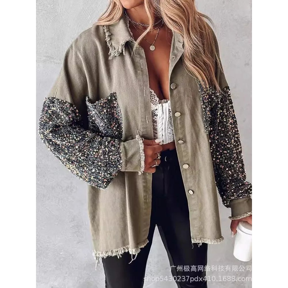 Sequin Colorblock Shacket Jacket Womens Contrast ButtonUp Raw Hem High Street Coat 4