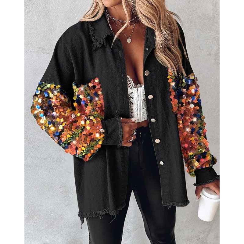 Sequin Colorblock Shacket Jacket Womens Contrast ButtonUp Raw Hem High Street Coat 7