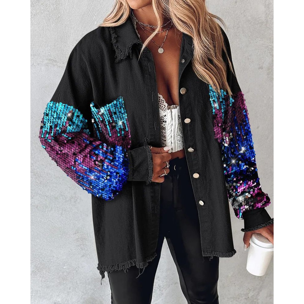 Sequin Colorblock Shacket Jacket Womens Contrast ButtonUp Raw Hem High Street Coat 8