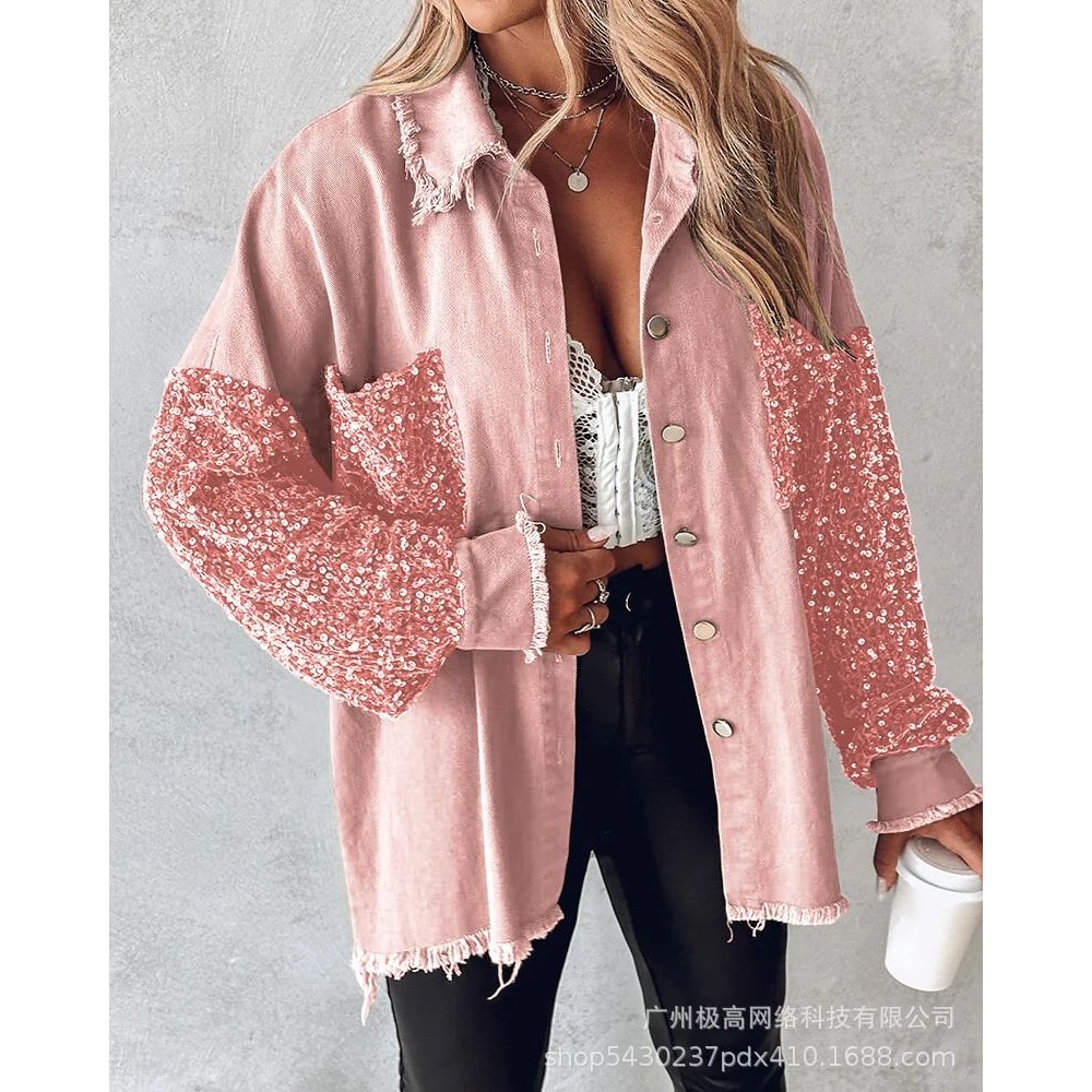 Sequin Colorblock Shacket Jacket Womens Contrast ButtonUp Raw Hem High Street Coat 11