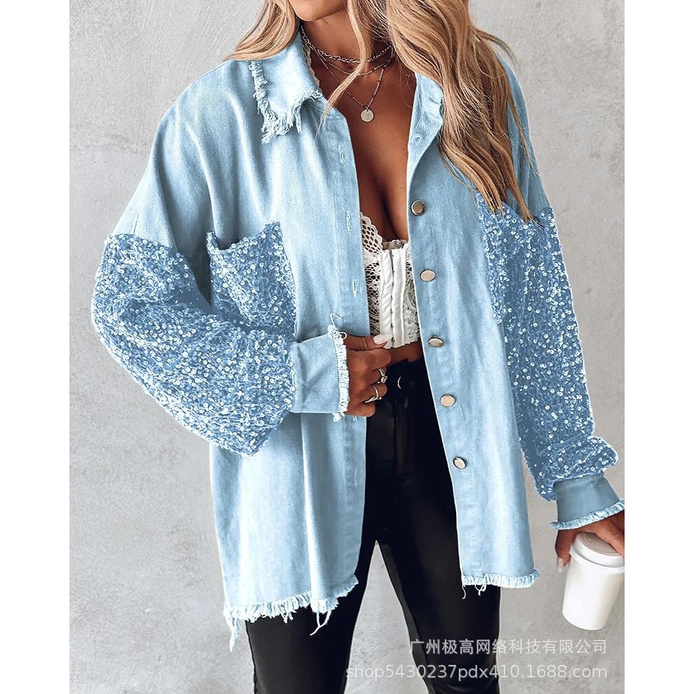 Sequin Colorblock Shacket Jacket Womens Contrast ButtonUp Raw Hem High Street Coat 14