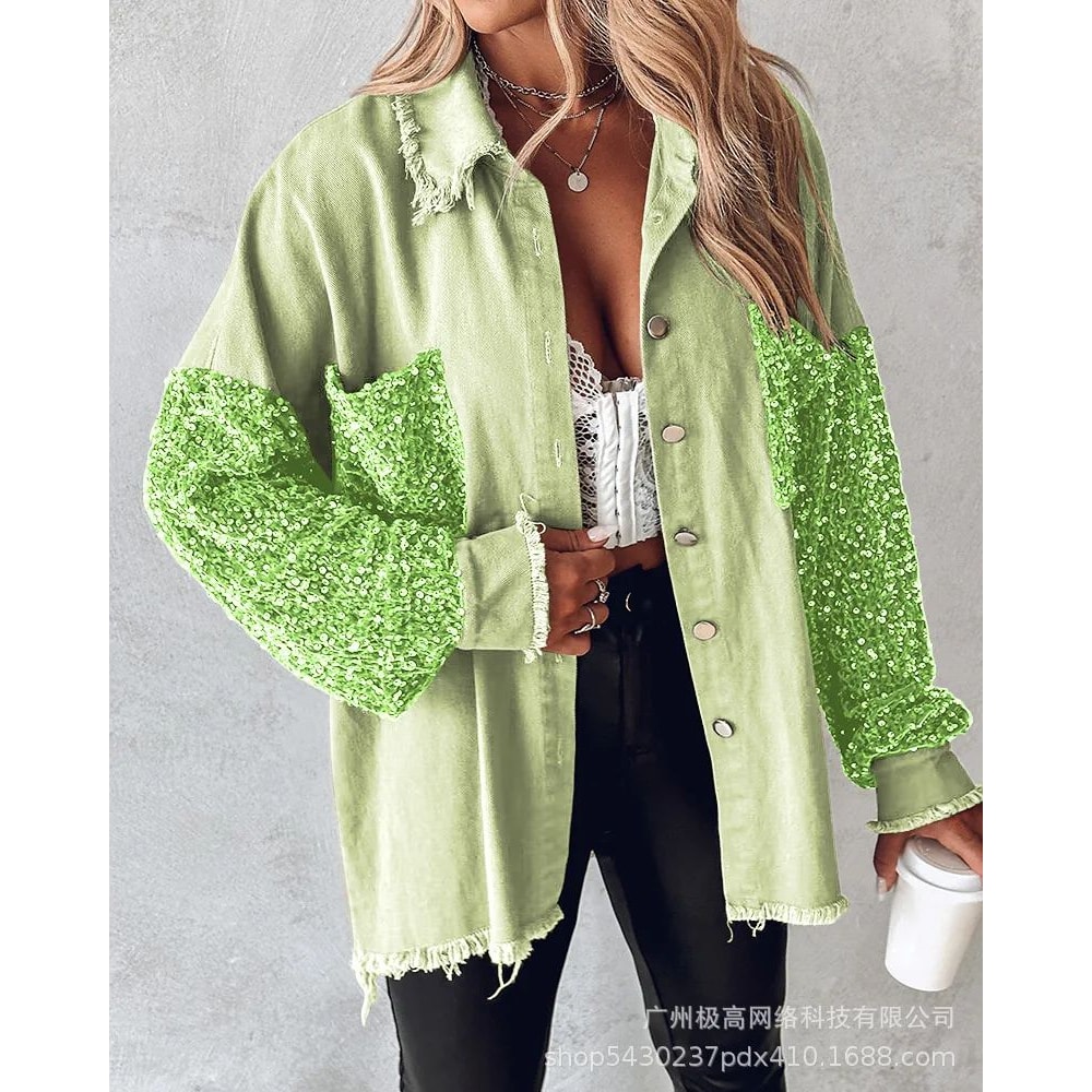 Sequin Colorblock Shacket Jacket Womens Contrast ButtonUp Raw Hem High Street Coat 18