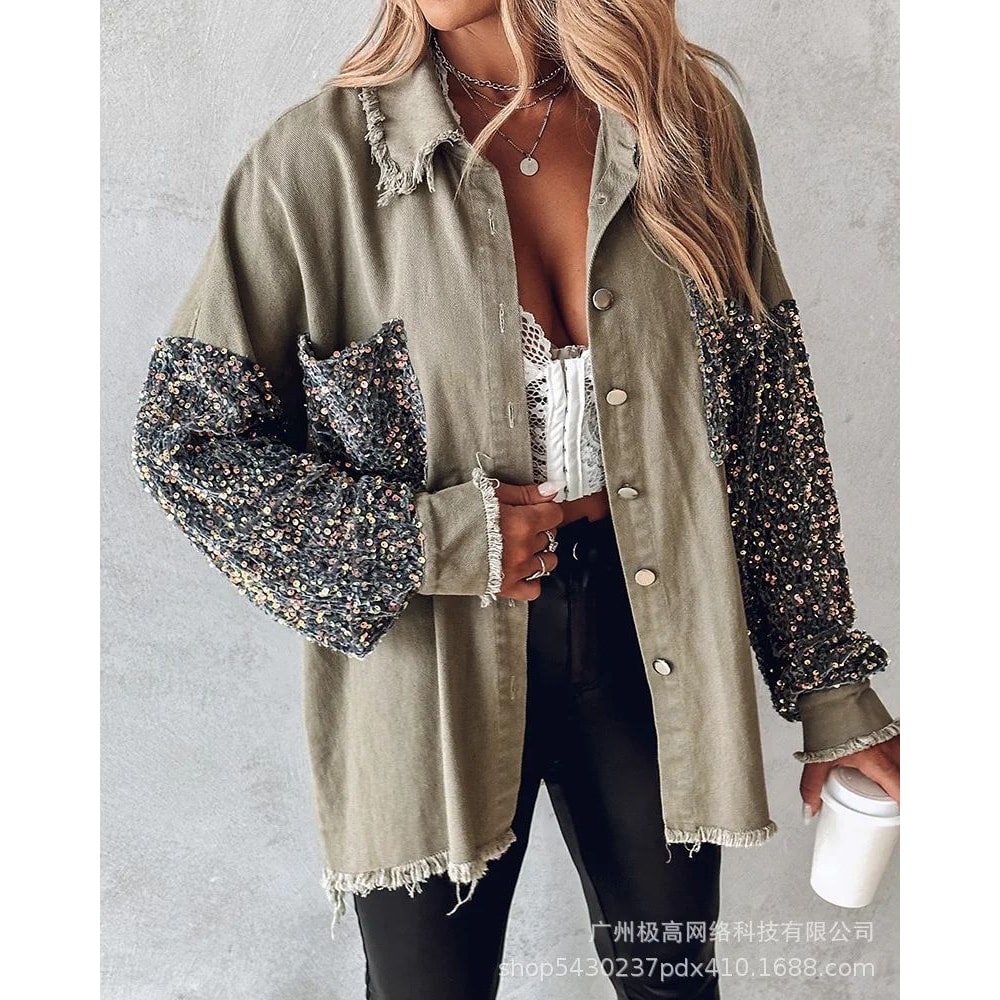 Sequin Colorblock Shacket Jacket Womens Contrast ButtonUp Raw Hem High Street Coat 19