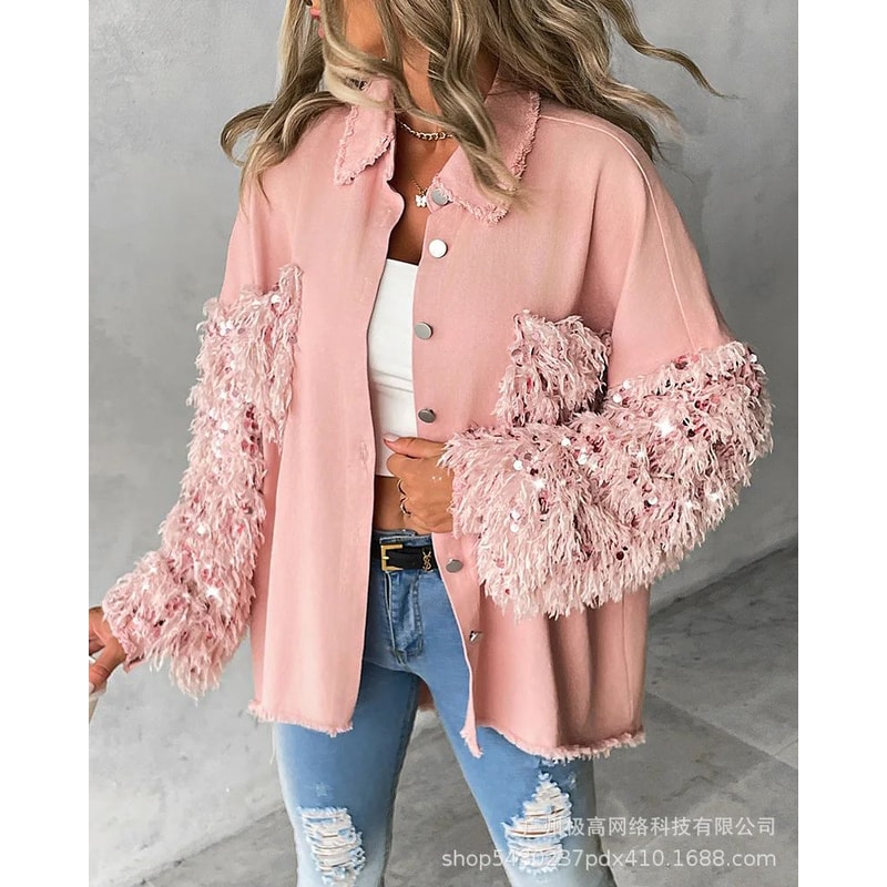 Sequin Colorblock Shacket Jacket Womens Contrast ButtonUp Raw Hem High Street Coat 12