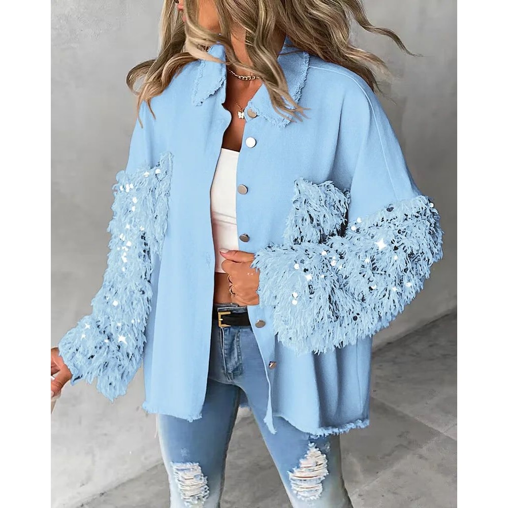 Sequin Colorblock Shacket Jacket Womens Contrast ButtonUp Raw Hem High Street Coat 13