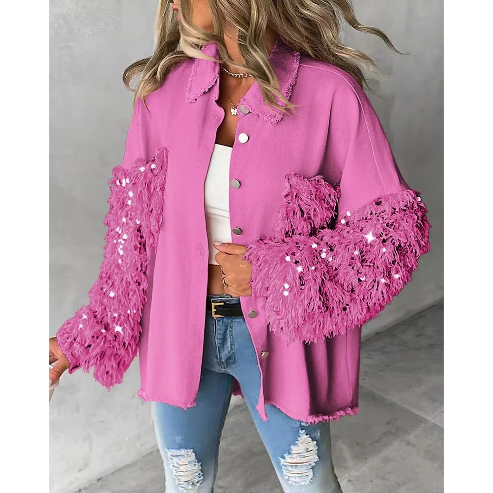Sequin Colorblock Shacket Jacket Womens Contrast ButtonUp Raw Hem High Street Coat 20
