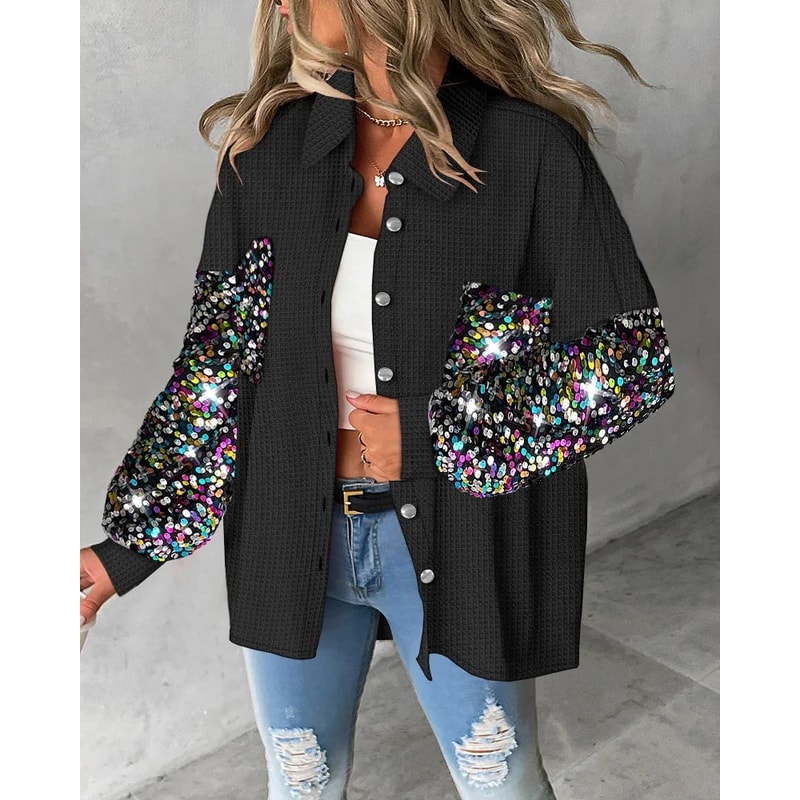 Sequin Colorblock Shacket Jacket Womens Contrast ButtonUp Raw Hem High Street Coat 9