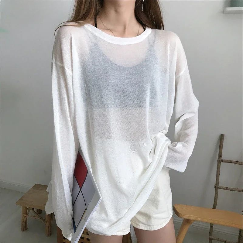 Korean Sheer Long Sleeve TShirt Womens Loose SunProtective Ulzzang Summer Tee 2