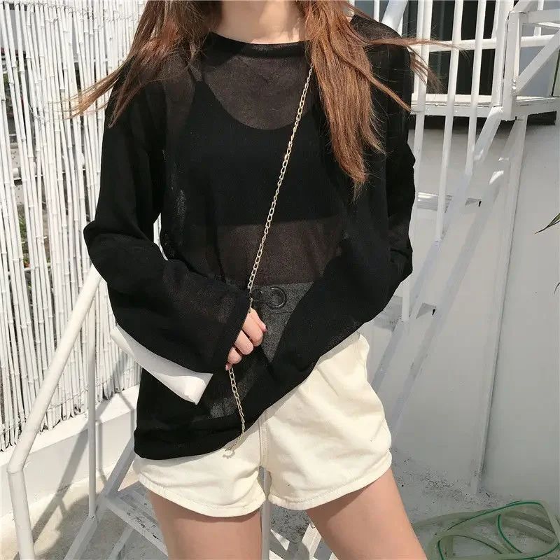 Korean Sheer Long Sleeve TShirt Womens Loose SunProtective Ulzzang Summer Tee 6