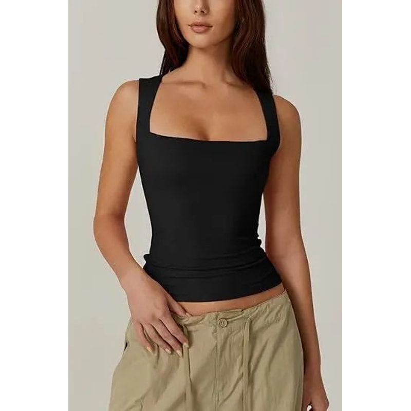 Y2K Square Neck DoubleLayer Tank Top Womens Slim Fit Sleeveless Basic Crop Camisole 10
