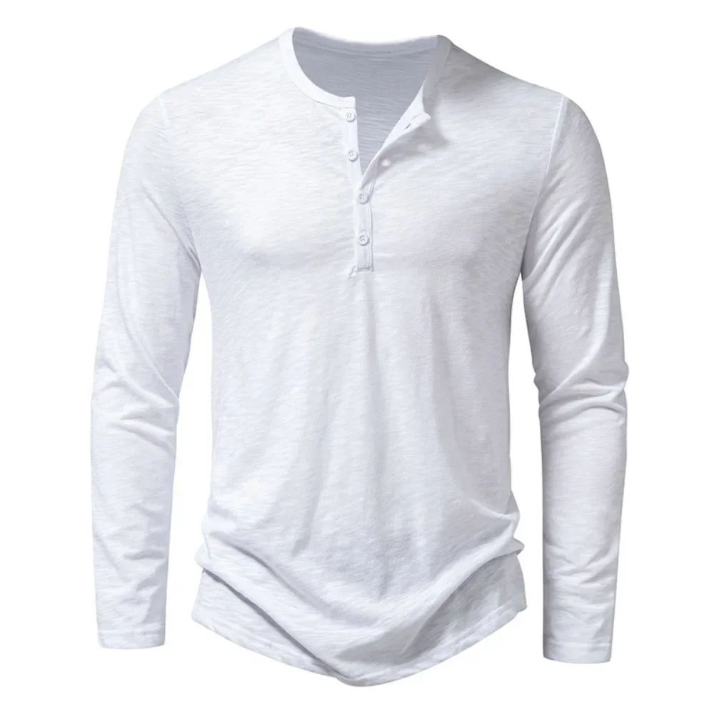 Mens Cotton Long Sleeve Henley Shirt Casual Button Neck Slim Fit Tee 2