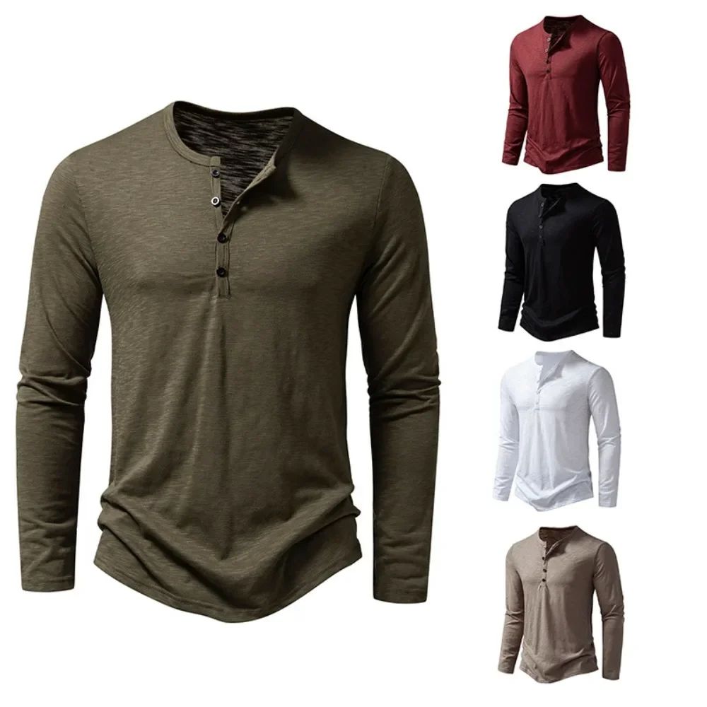 Mens Cotton Long Sleeve Henley Shirt Casual Button Neck Slim Fit Tee 4
