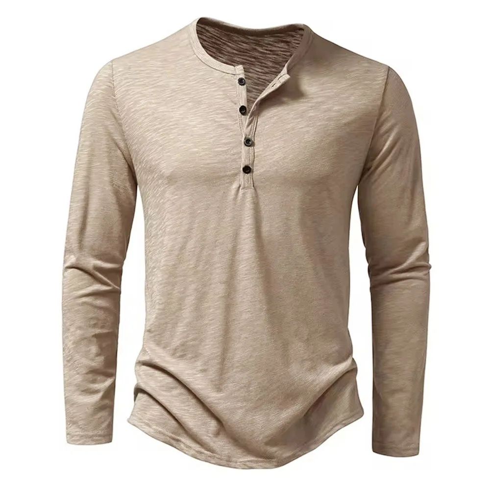 Mens Cotton Long Sleeve Henley Shirt Casual Button Neck Slim Fit Tee 5