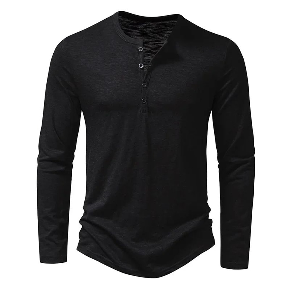 Mens Cotton Long Sleeve Henley Shirt Casual Button Neck Slim Fit Tee 9