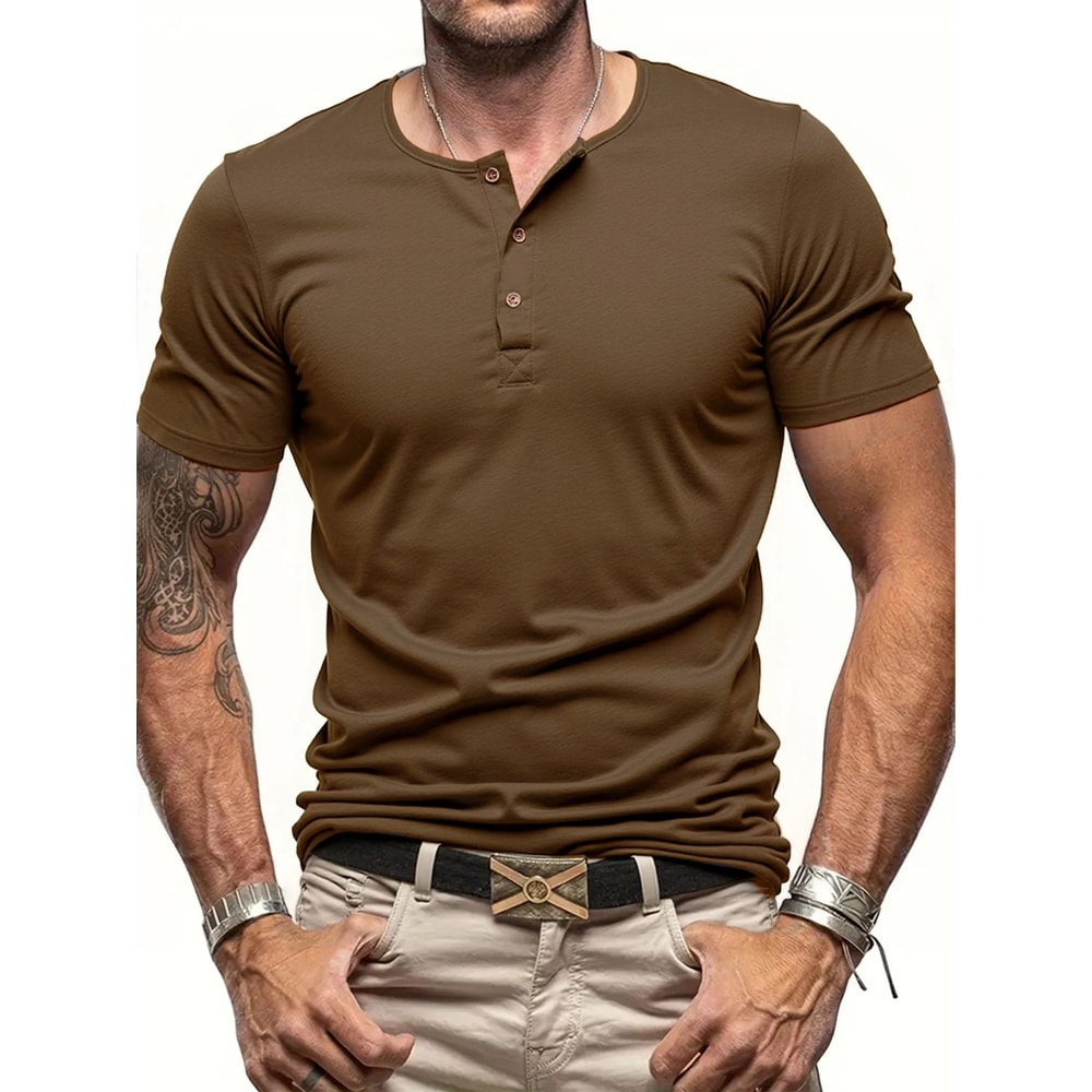 Mens Short Sleeve Henley TShirt Slim Fit Button Neck Casual Streetwear Tee 1