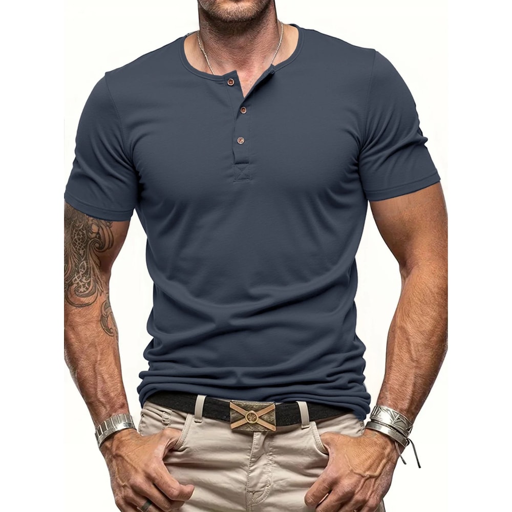 Mens Short Sleeve Henley TShirt Slim Fit Button Neck Casual Streetwear Tee 2