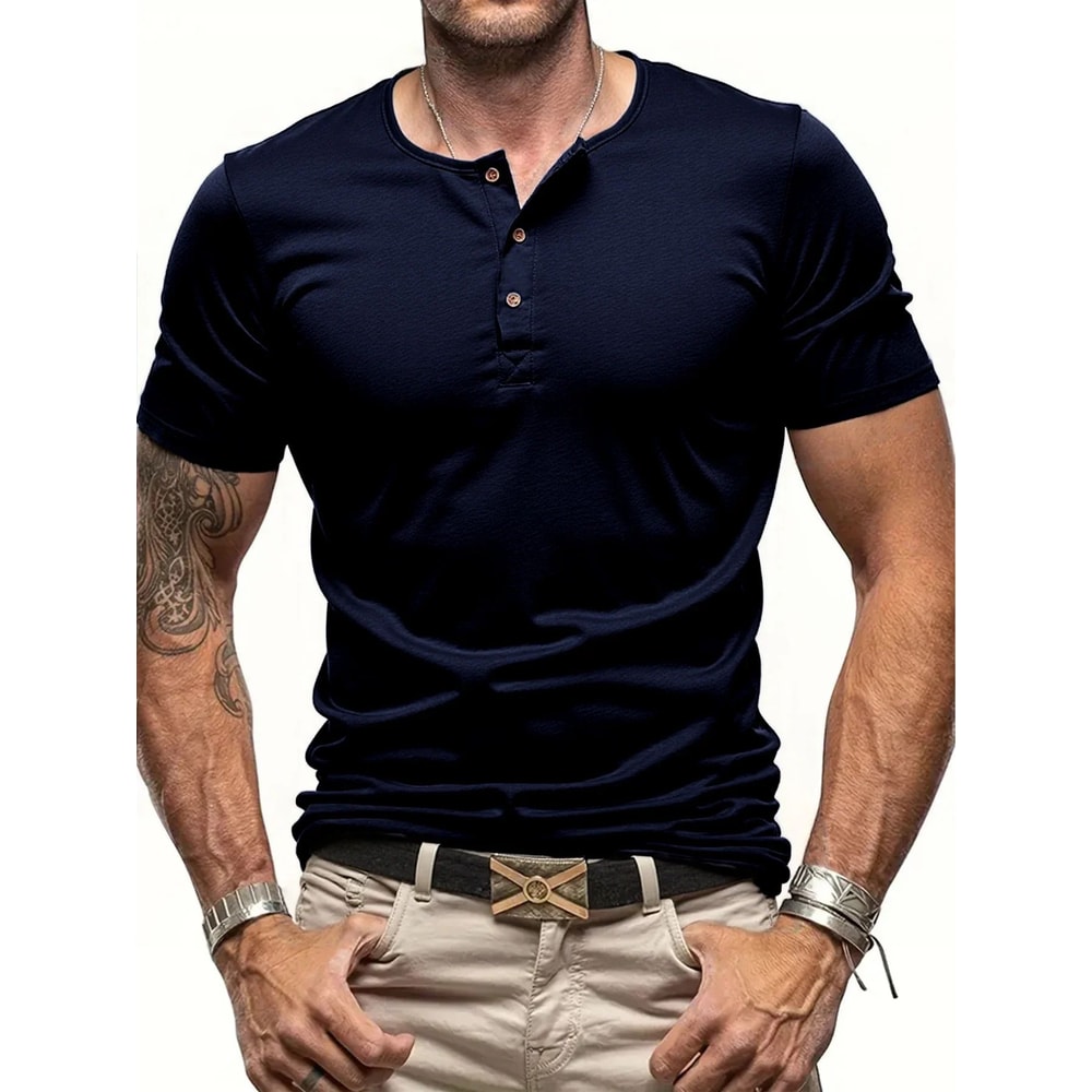 Mens Short Sleeve Henley TShirt Slim Fit Button Neck Casual Streetwear Tee 3