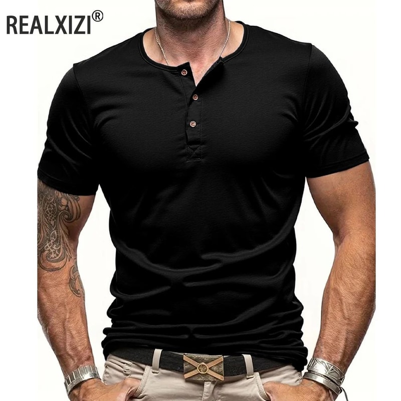 Mens Short Sleeve Henley TShirt Slim Fit Button Neck Casual Streetwear Tee 4