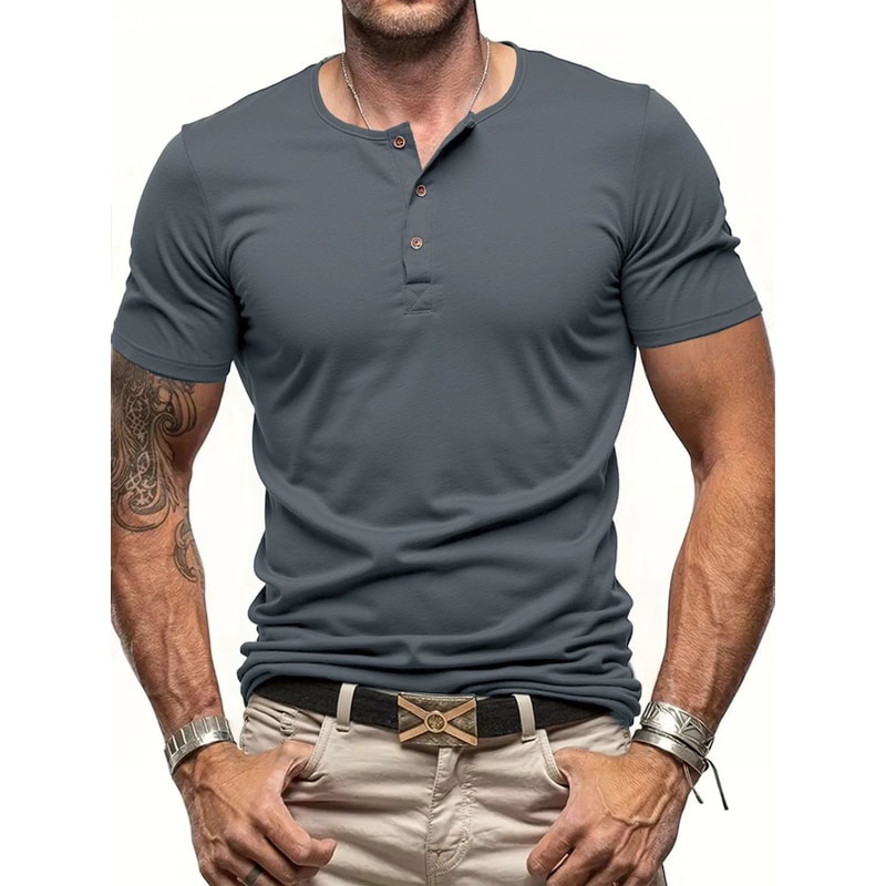 Mens Short Sleeve Henley TShirt Slim Fit Button Neck Casual Streetwear Tee 6