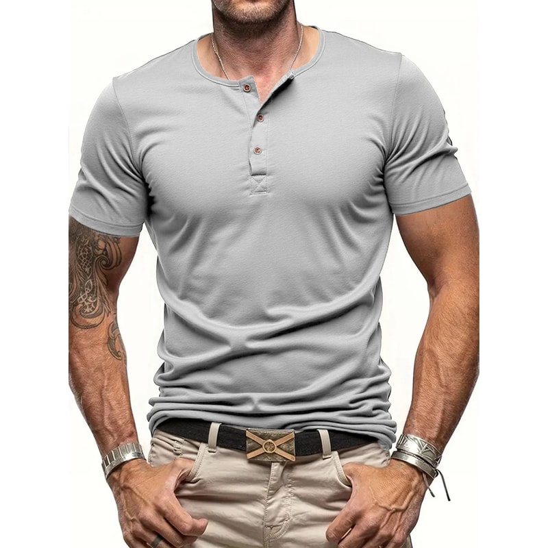 Mens Short Sleeve Henley TShirt Slim Fit Button Neck Casual Streetwear Tee 8