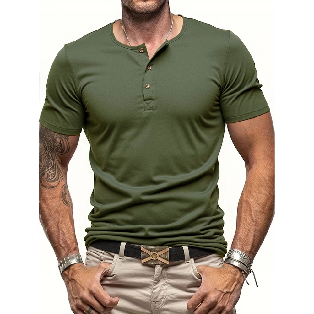Mens Short Sleeve Henley TShirt Slim Fit Button Neck Casual Streetwear Tee 11