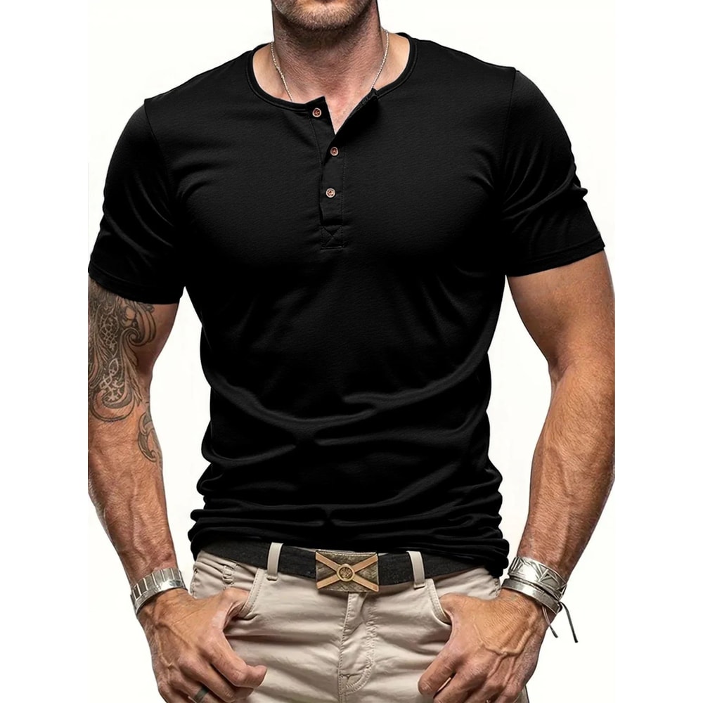 Mens Short Sleeve Henley TShirt Slim Fit Button Neck Casual Streetwear Tee 12