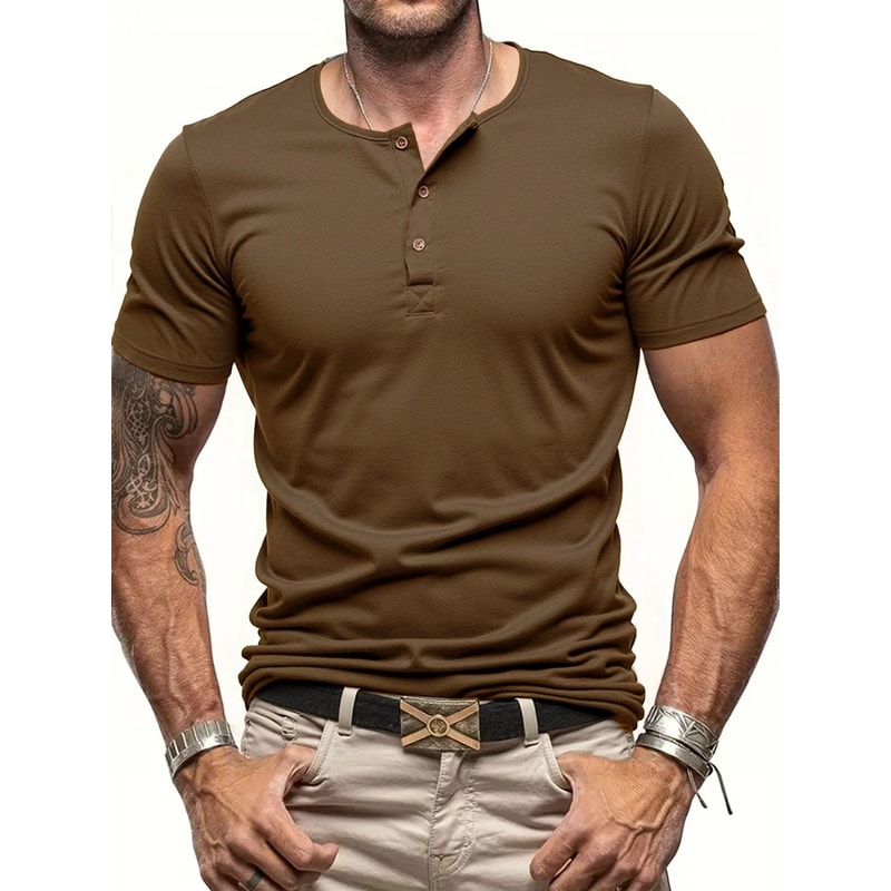 Mens Short Sleeve Henley TShirt Slim Fit Button Neck Casual Streetwear Tee 14