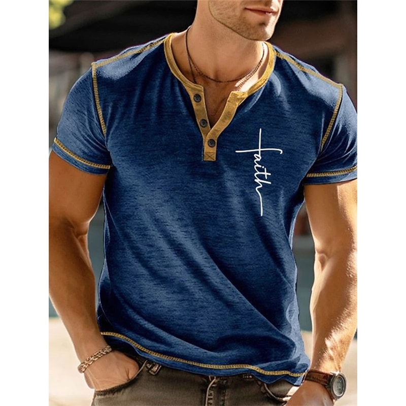 Mens Faith 3D Print Henley Shirt Oversized Short Sleeve Streetwear Tee 4