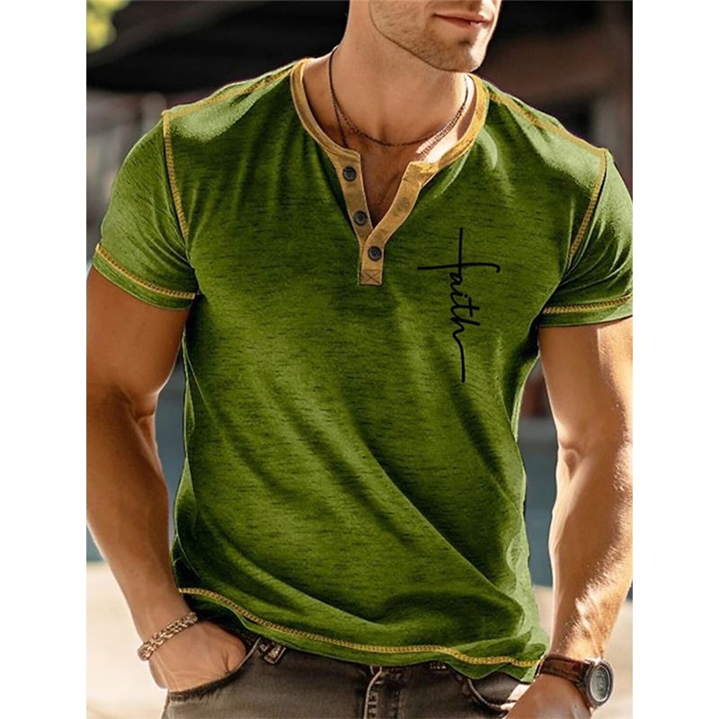 Mens Faith 3D Print Henley Shirt Oversized Short Sleeve Streetwear Tee 8