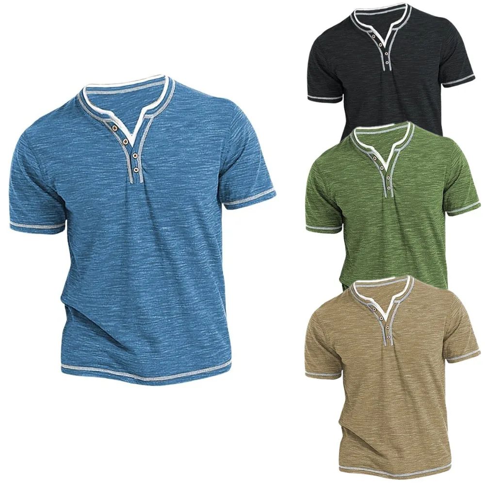 Mens Cotton VNeck Henley TShirt Casual Slim Fit Short Sleeve Tee 3