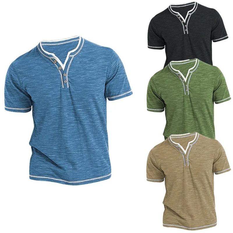 Mens Cotton VNeck Henley TShirt Casual Slim Fit Short Sleeve Tee 3